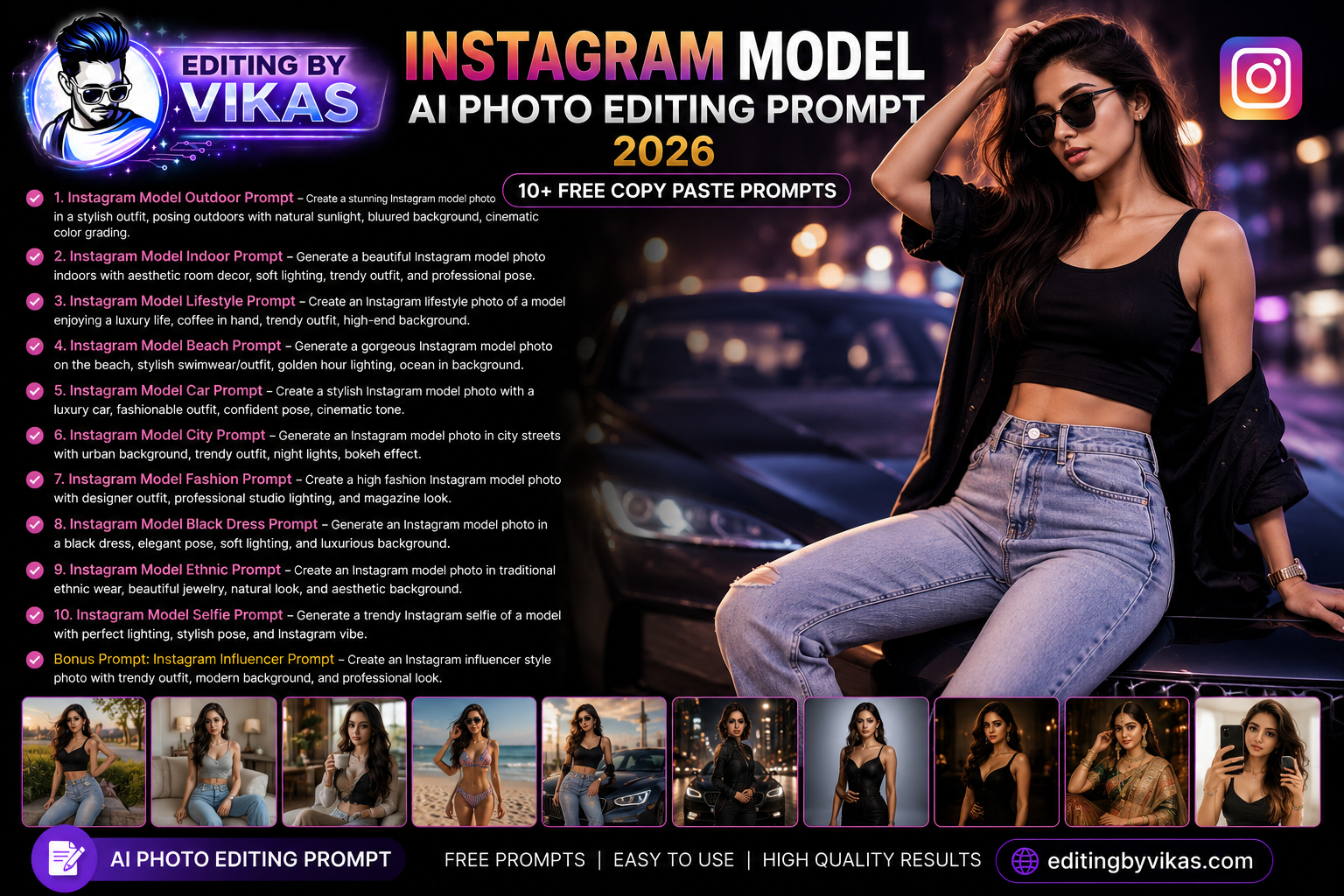 Instagram Model AI Photo Editing Prompt 2026 (10+ Free Copy Paste)